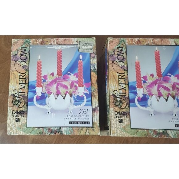 Davo Silver Bowl With 3 Candle Holders New In Box 7 1/4" Diameter Floral Design - Picture 2 of 6